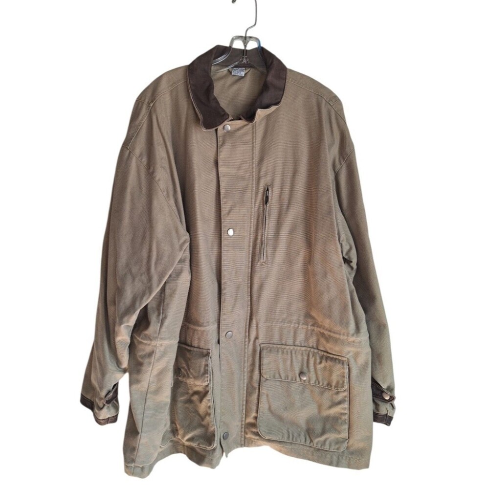 Men's Brown Canvas Field Jacket with Dark Leather Collar Size Large